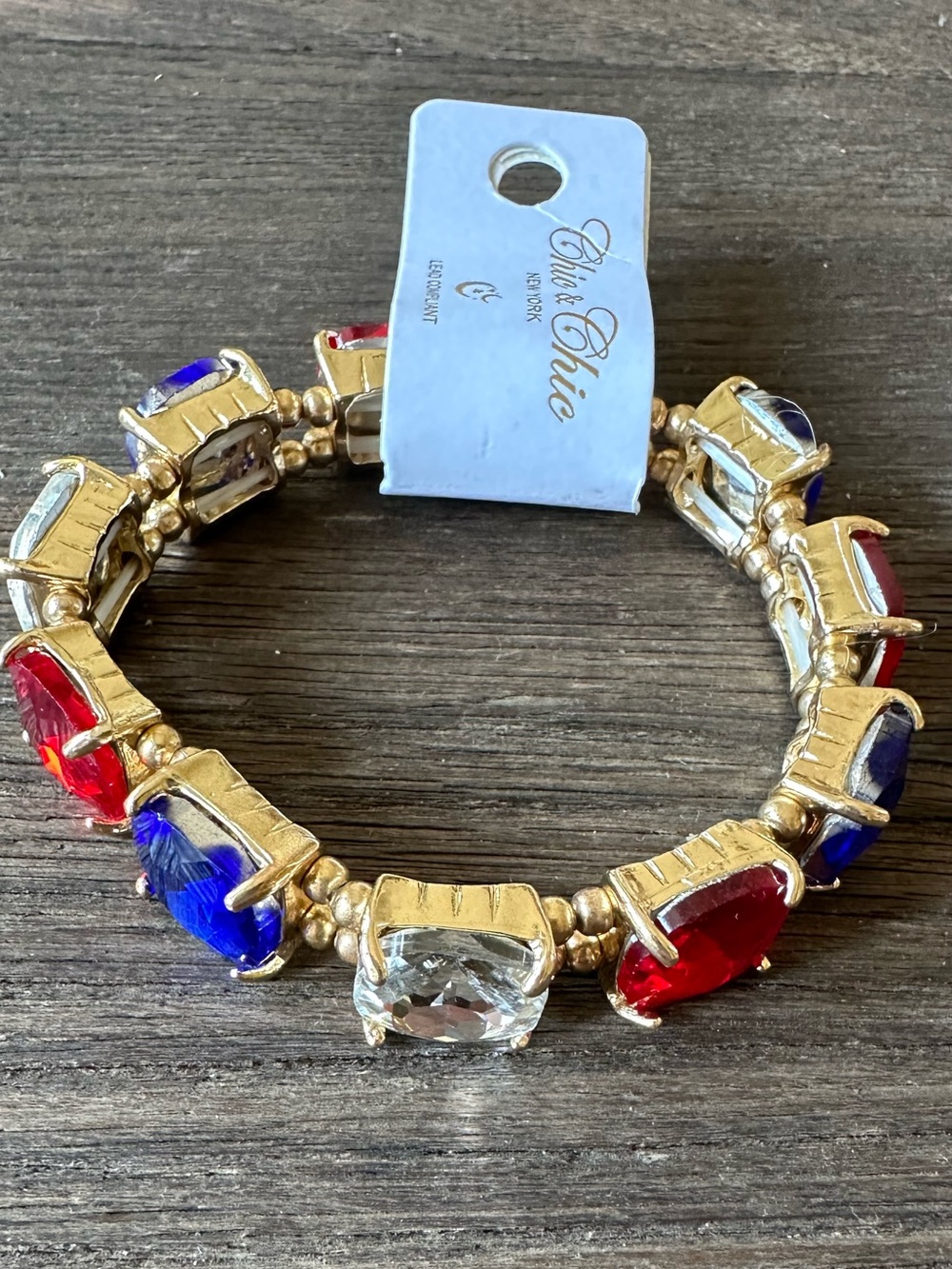 Gold-Tone Stretch Bracelet with Red, Blue & Clear Stones